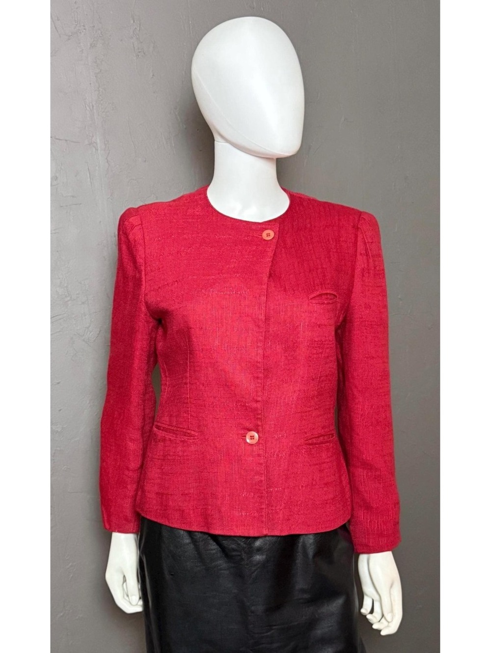 1980's Red Cropped Blazer by SASSON Rayon+ Flax Slub Texture 80's does 40's